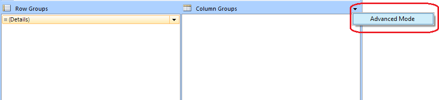 Screenshot of the Grouping Pane with Advanced Mode menu.