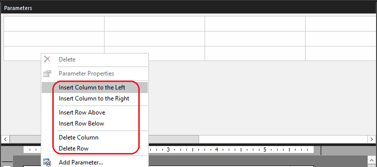 Add columns and rows to the parameters pane