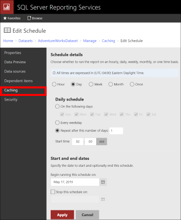 Screenshot of the web portal cache expiration schedule details page for datasets.