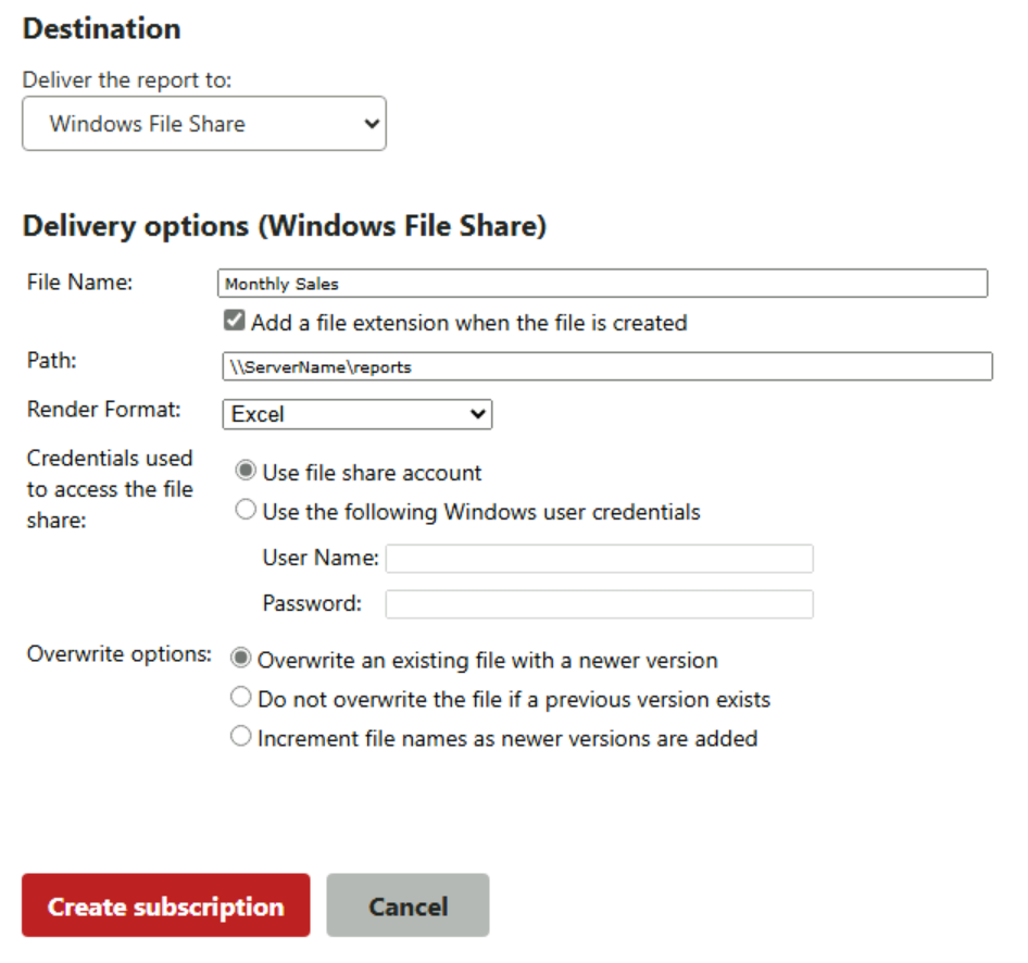 Screenshot of the settings for a file share subscription.