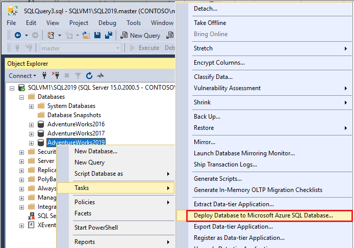 Choose to deploy your database to Microsoft Azure SQL Database from right-clicking your database and selecting Tasks