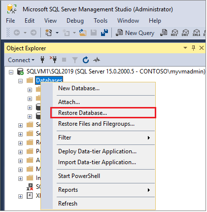 Screenshot showing how to choose to restore your database by right-clicking databases in Object Explorer and then selecting Restore Database.