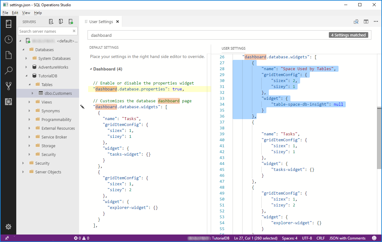 Screenshot of the settings.json file with the first object of the dashboard.database.widgets array.