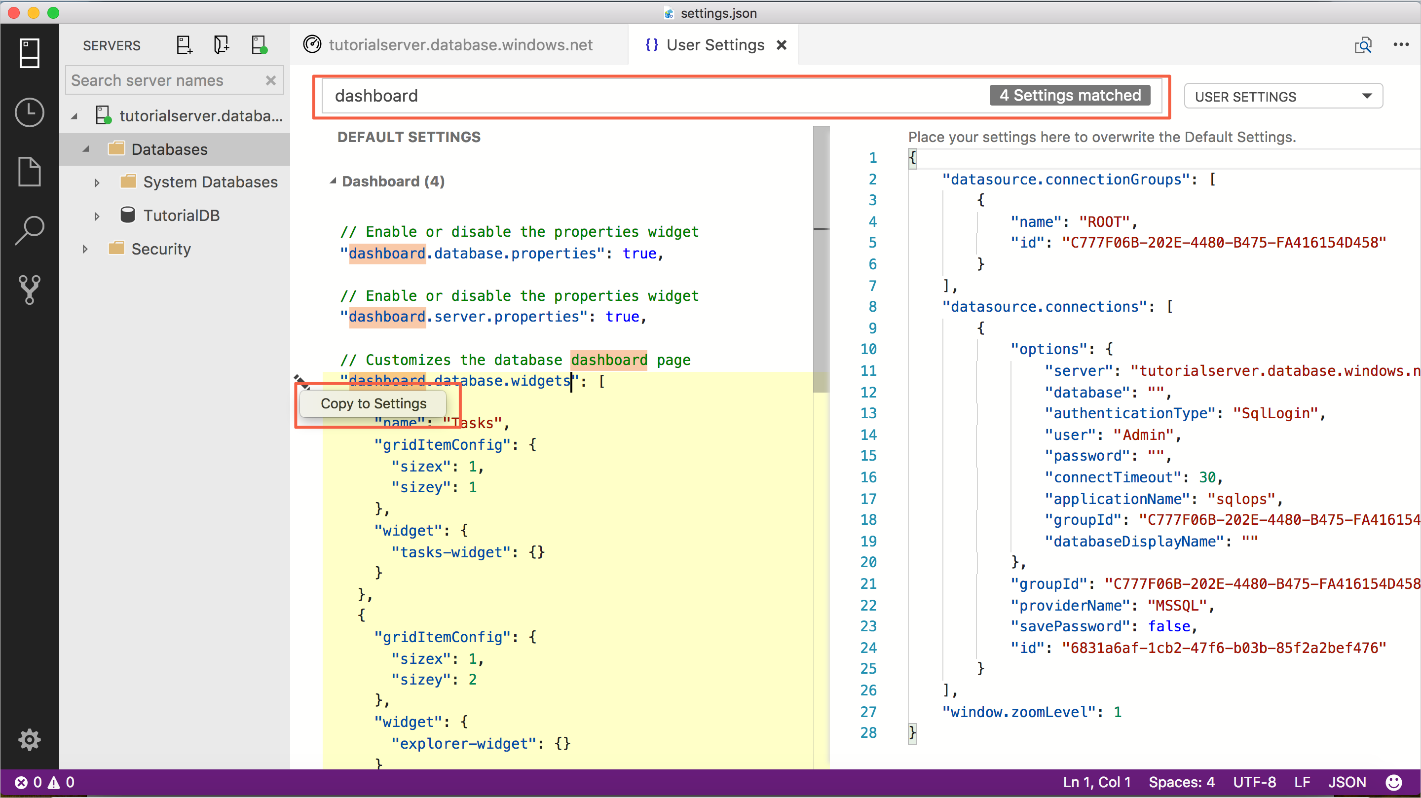 Screenshot showing the USER SETTINGS section with the Dashboard > Database Widgets section called out.