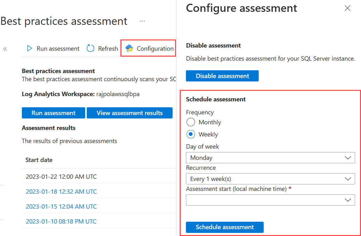 Screenshot showing how to change the schedule of best practices assessment and scheduled screen of an Arc-enabled SQL Server resource.