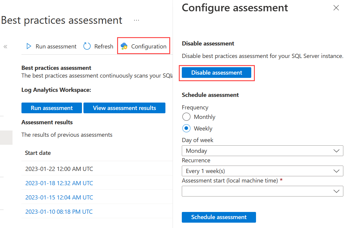 Screenshot showing how to disable the best practices assessment of an Arc-enabled SQL Server resource.