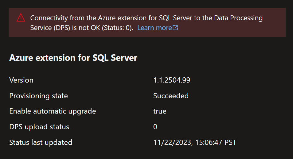 Screenshot of portal for Azure extension for SQL Server in an unhealthy state.