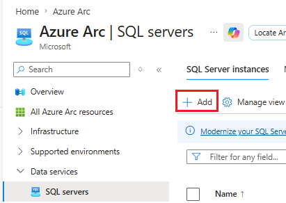 Screenshot of the Add button in the navigation bar of the SQL Server instances pane.