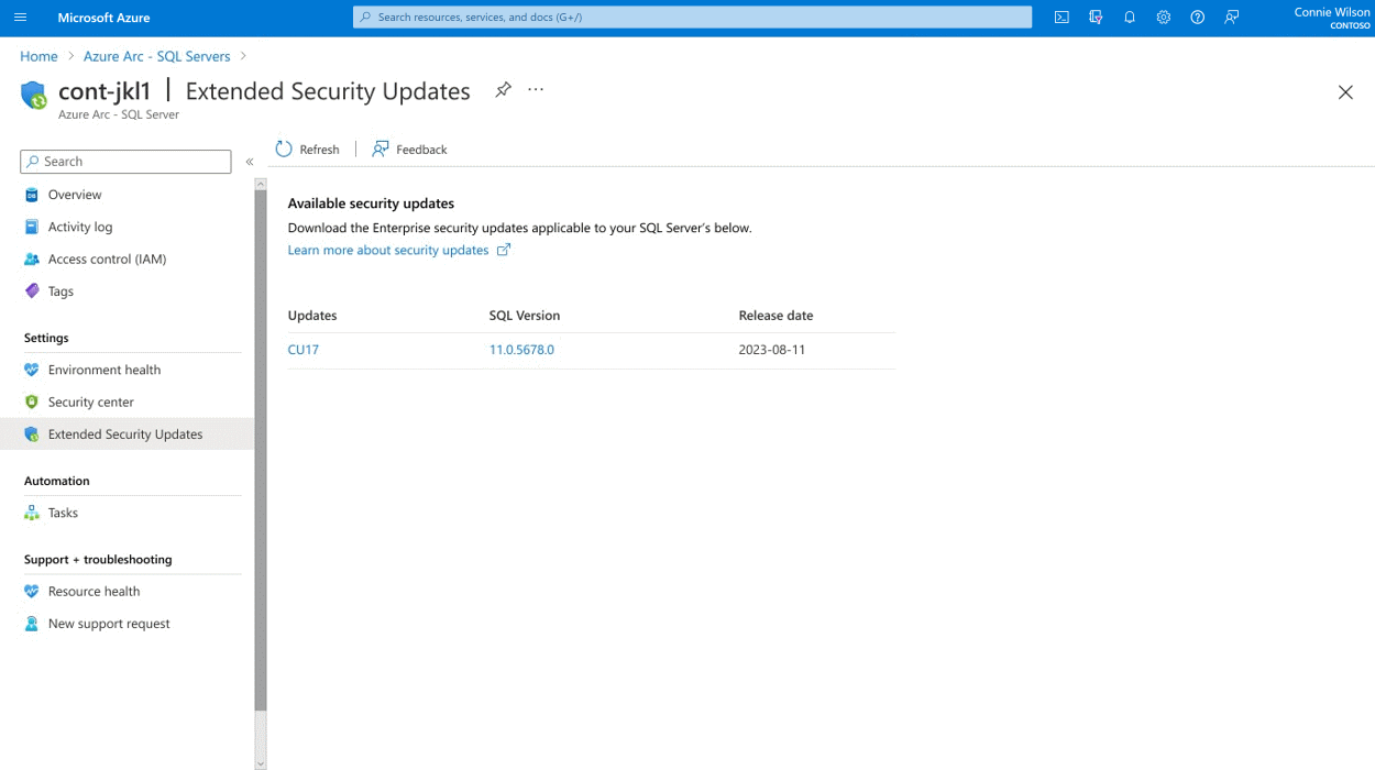 Screenshot of available security updates.