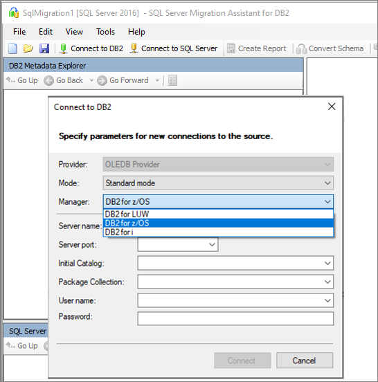 Screenshot of the Connect to Db2 pane.
