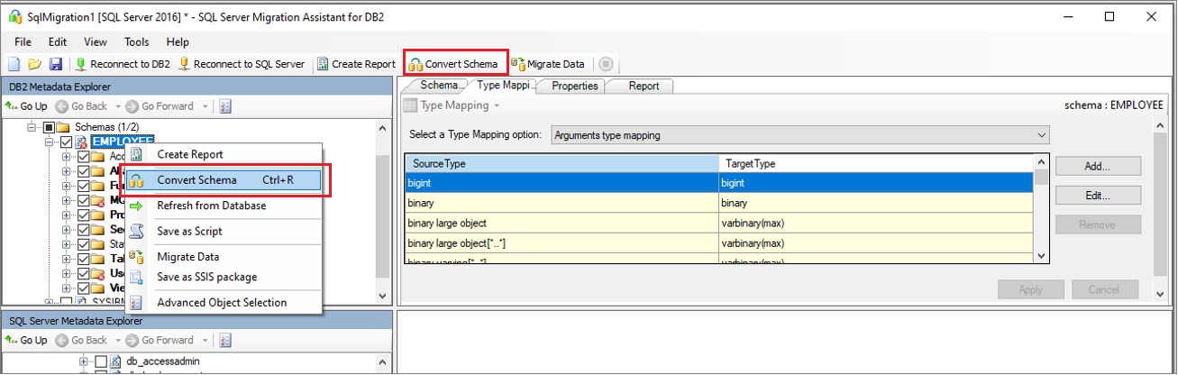 Screenshot of the 'Convert Schema' command on the 'Db2 Metadata Explorer' pane.