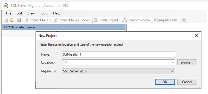 Screenshot of the New Project pane in SSMA for Db2.