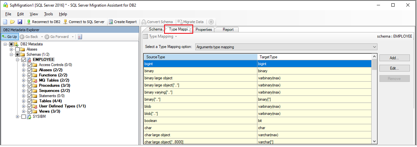 Screenshot of the 'Type Mapping' pane in SSMA for Db2.