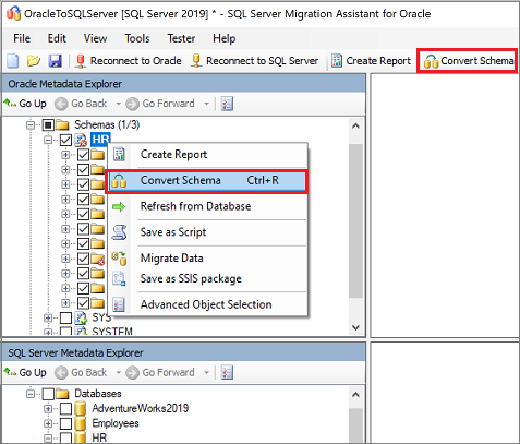 Screenshot of the "Convert Schema" command on the "Oracle Metadata Explorer" pane.
