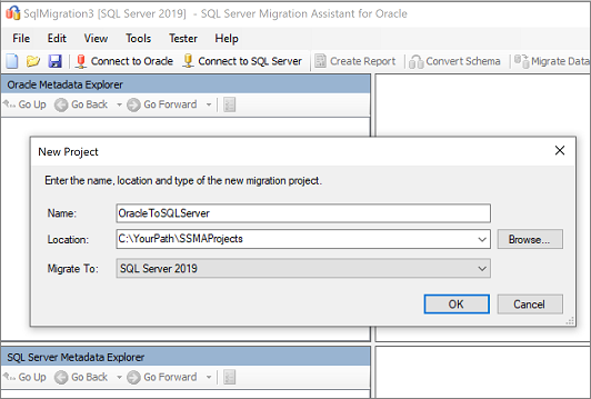 Screenshot of the New Project pane in SSMA for Oracle.