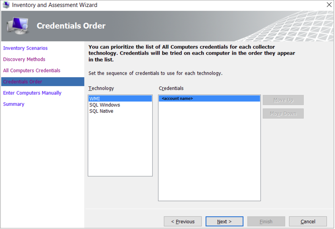 Screenshot of the wizard pane for setting the order of credentials.