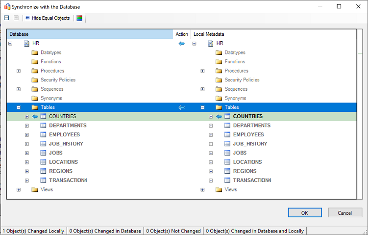 Screenshot of the "Synchronize with the Database" pane for reviewing database mapping.