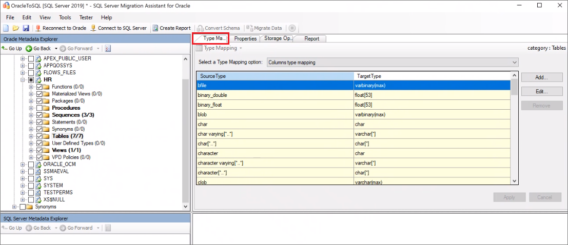 Screenshot of the "Type Mapping" pane in SSMA for Oracle.