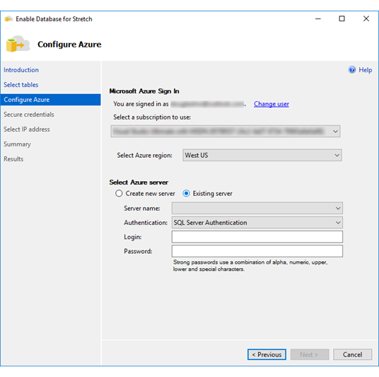 Screenshot showing how to select existing Azure server - Stretch Database wizard.