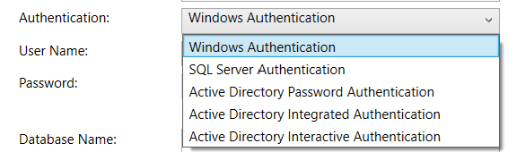 Screenshot of the different Authentication types.