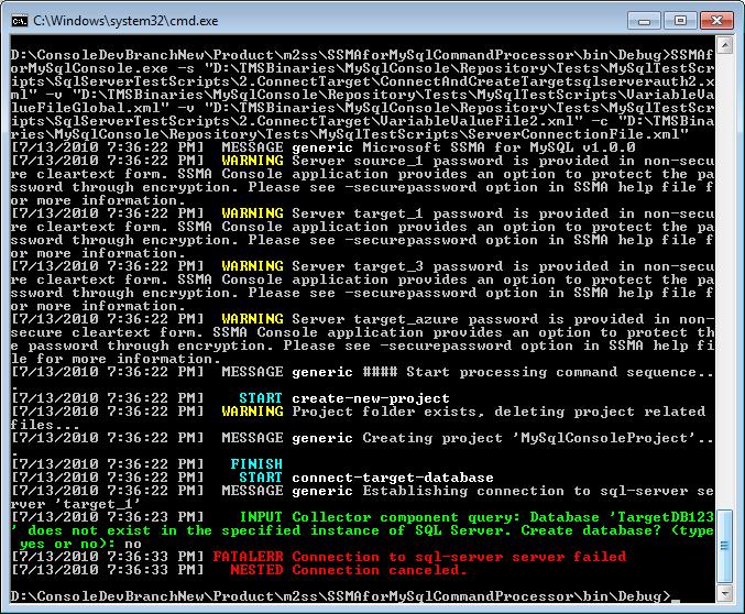 Screenshot showing an example of SSMA Console MySQL output.
