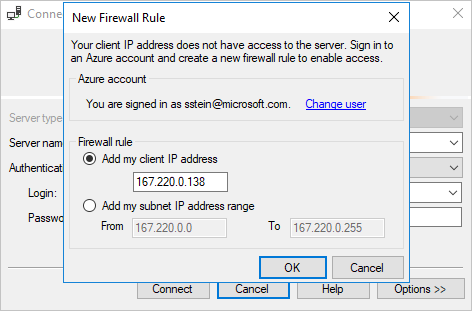 Screenshot of the New Firewall Rule dialog box with the Add my client IP address option selected and the OK option called out.