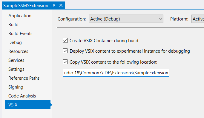 Project properties window VSIX settings with 3 checkboxes and a text box