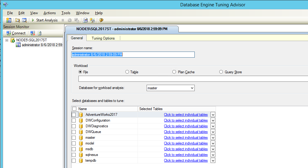Database Engine Tuning Advisor default window