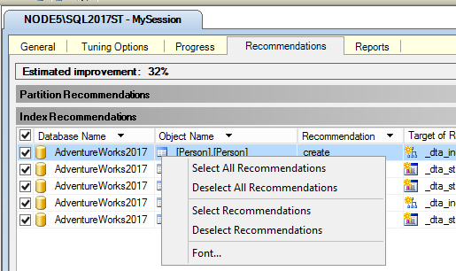 Selection menu for index recommendation