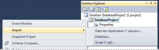 Screenshot of the import menu on a SQL project in Visual Studio SSDT.