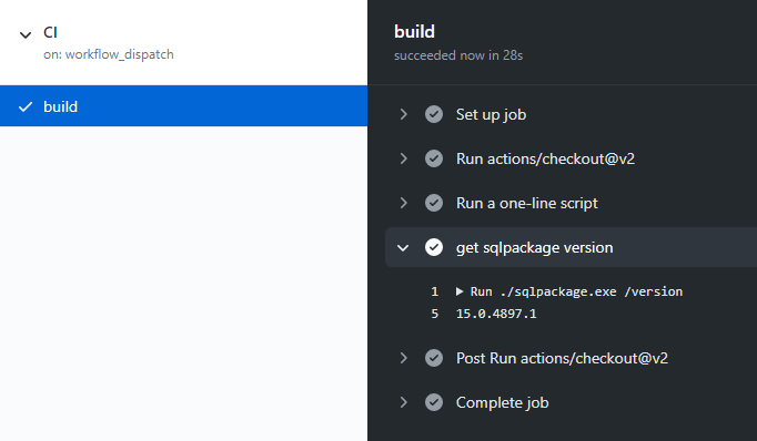 GitHub action output displaying build number 15.0.4897.1