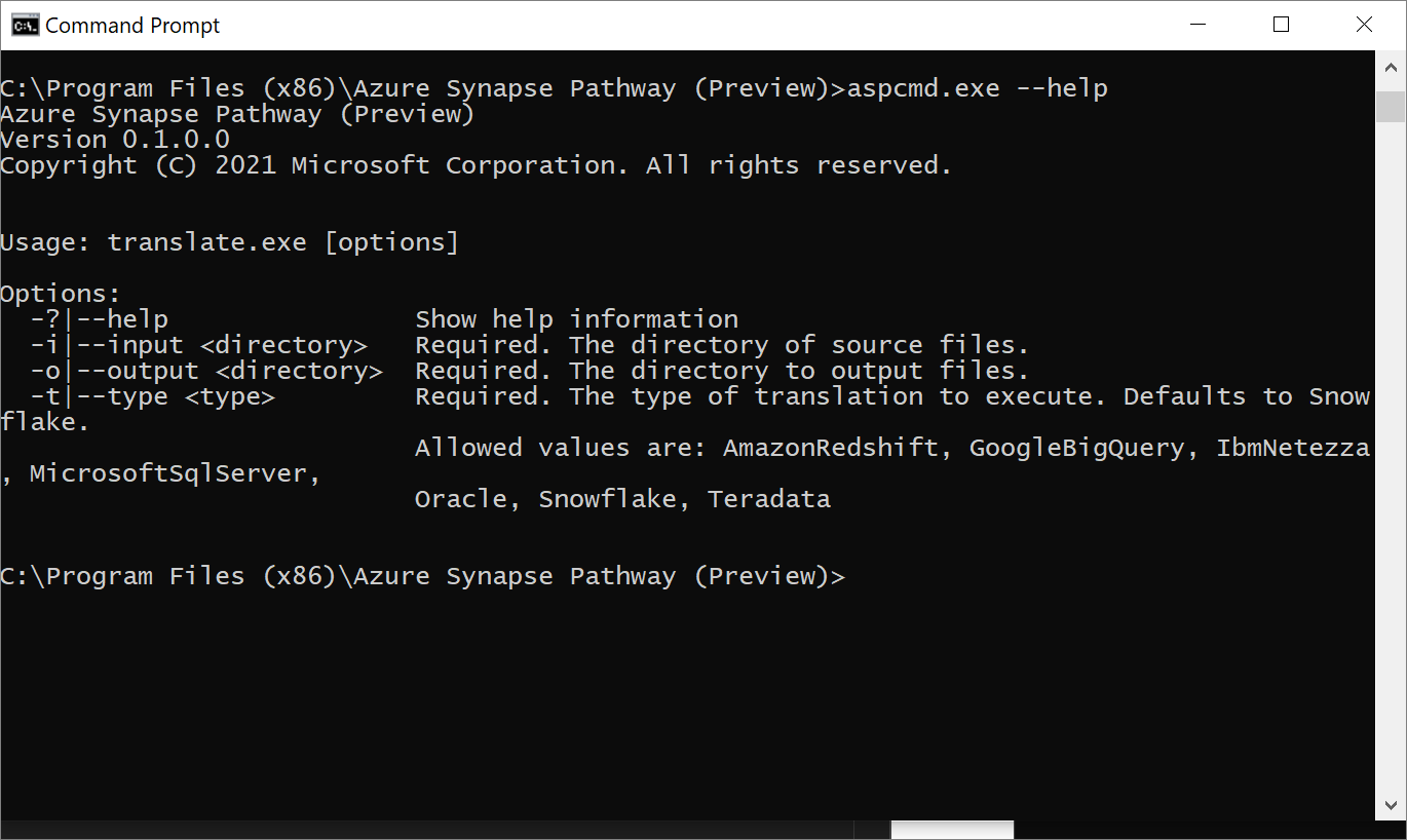 Azure Synapse assessment command line help commands.