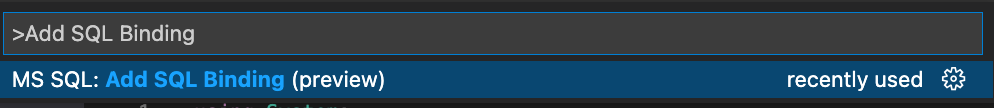 Screenshot of a VS Code command palette command `MS SQL: Add SQL Binding (preview).