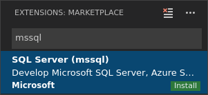 Screenshot of Visual Studio Code, install the m s s q l extension.