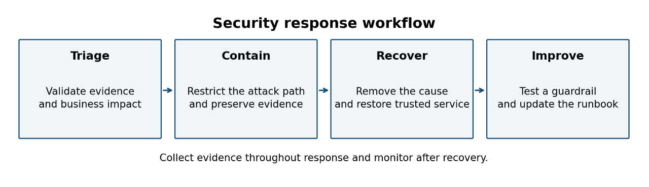 Triage suspected compromise, contain the attack path, recover trusted service, and test a preventive improvement.
