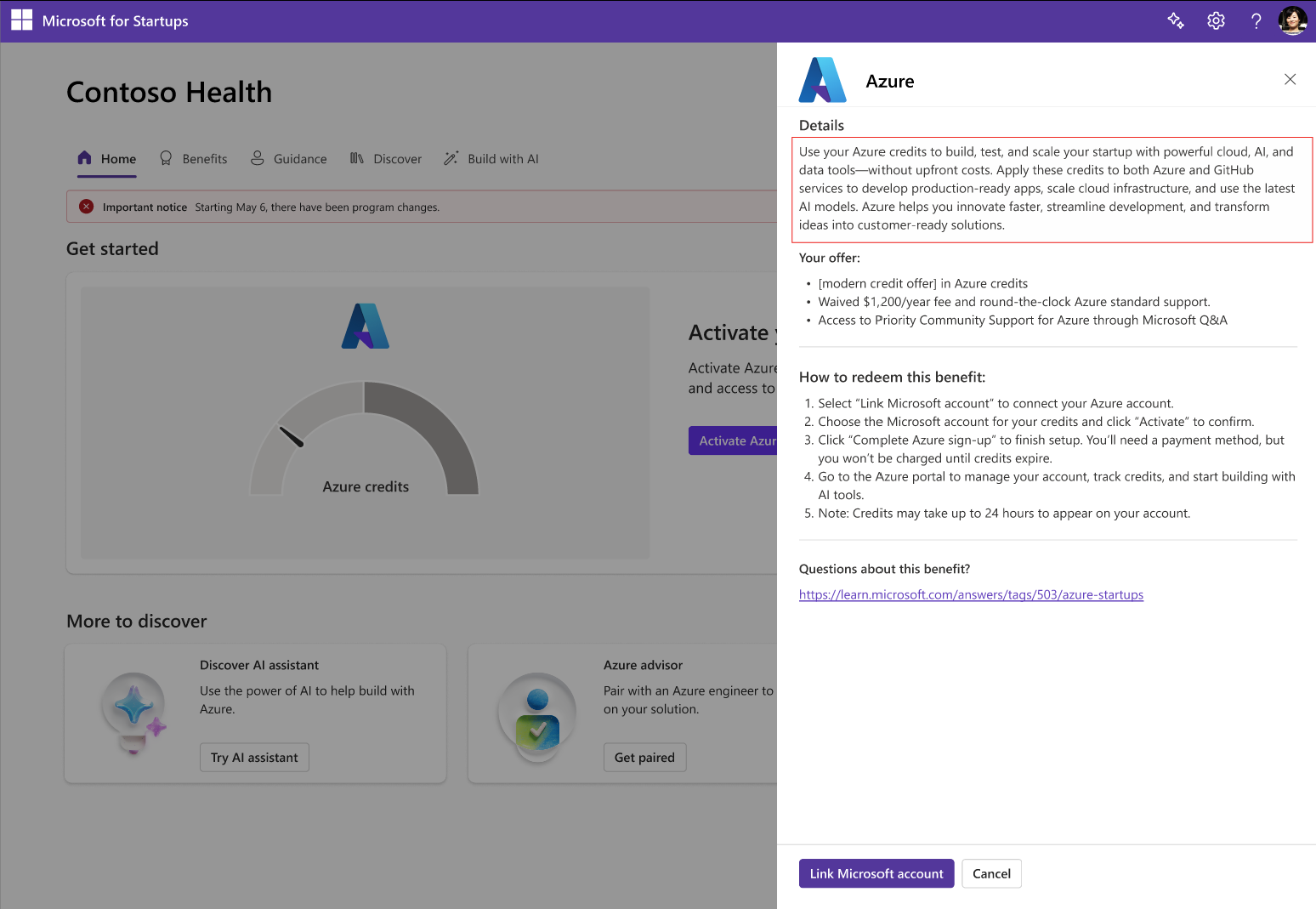 The Microsoft for Startups portal homepage showing the 'Activate Azure' button and the Link Microsoft account sidebar
