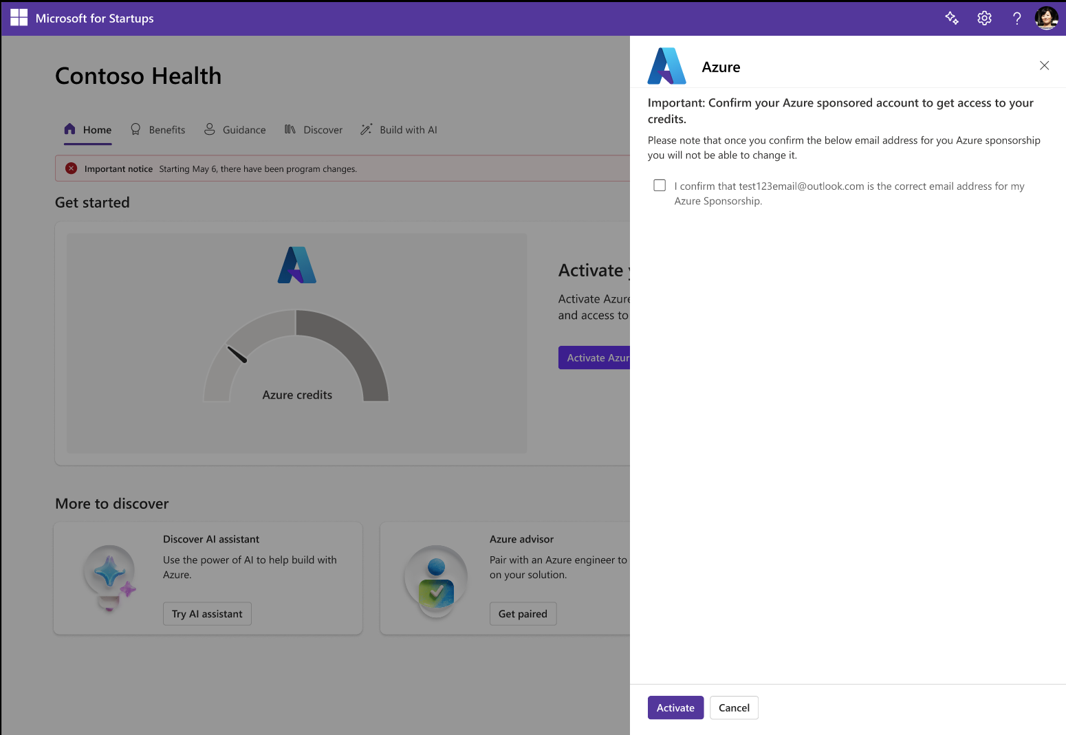 Account selection screen showing a Microsoft account being chosen and an Activate button to confirm the Azure credit sponsorship