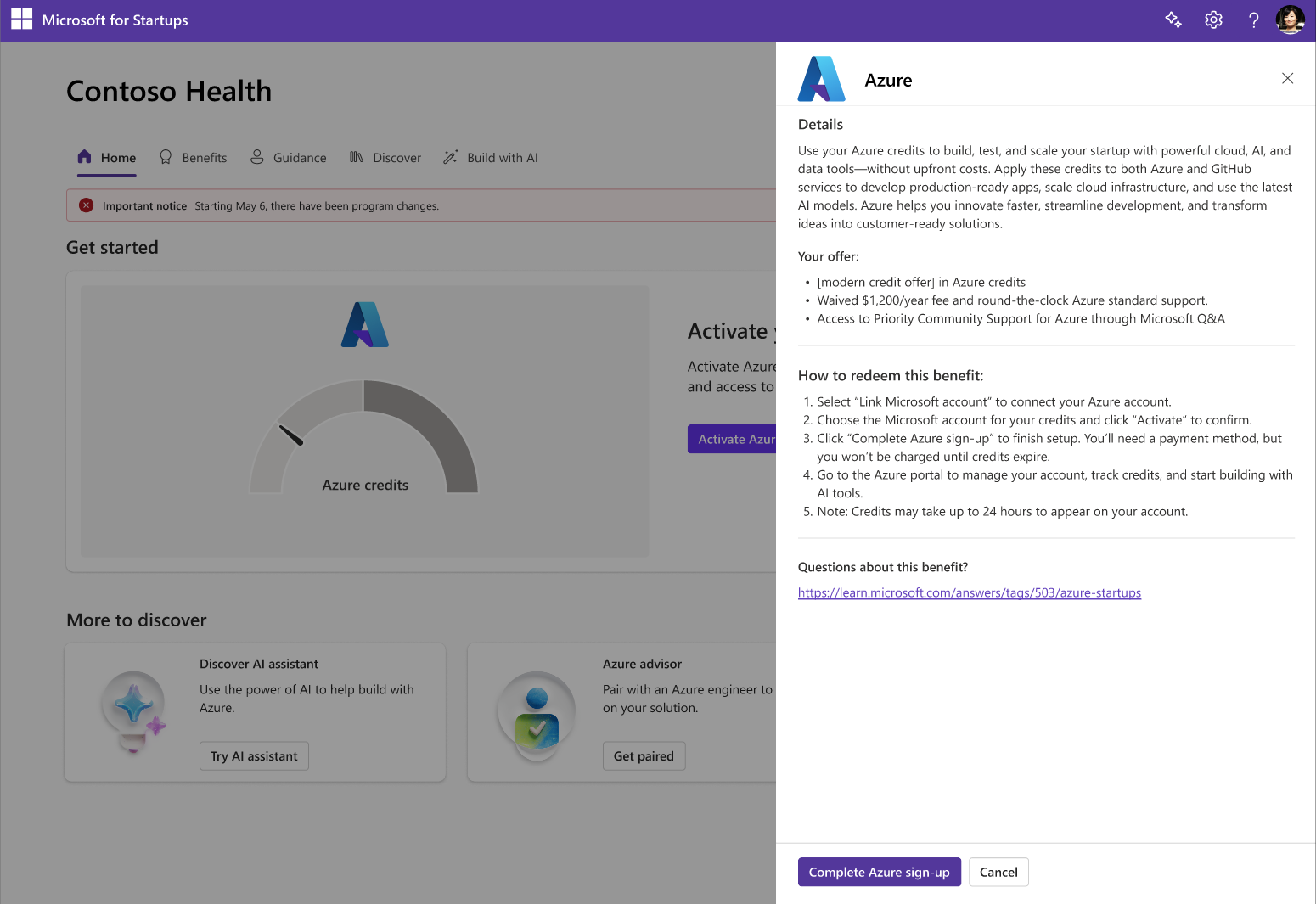 Azure sign-up completion screen with a prompt to add a payment method and a 'Complete Azure sign-up' button