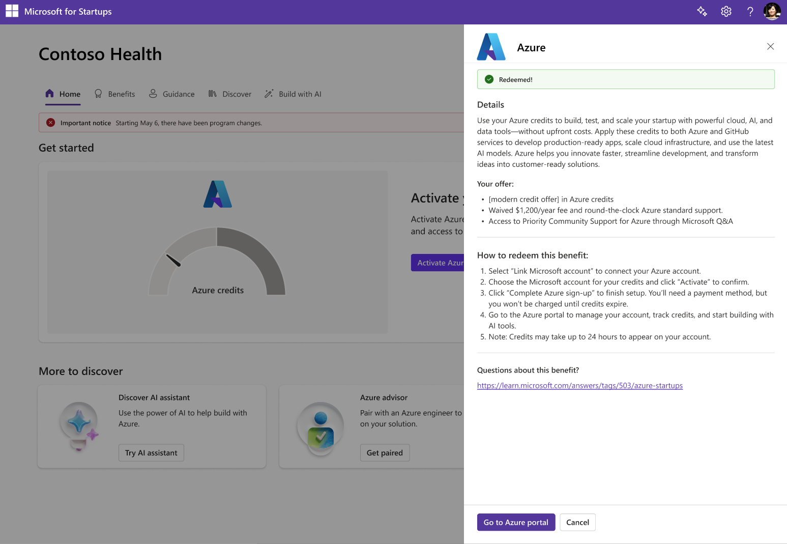 The Azure portal dashboard with credit balance and AI tools available after successful Azure activation