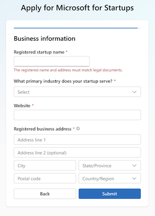 Business information form with registered name, industry, website, and address fields.
