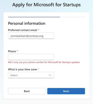 Personal information form: contact email, phone, and time zone.