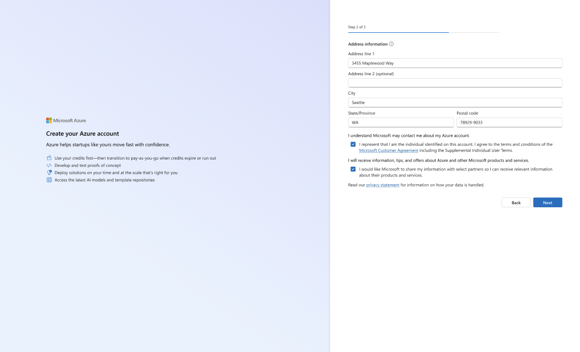 Step 2 of 3: Address information and consent checkboxes.