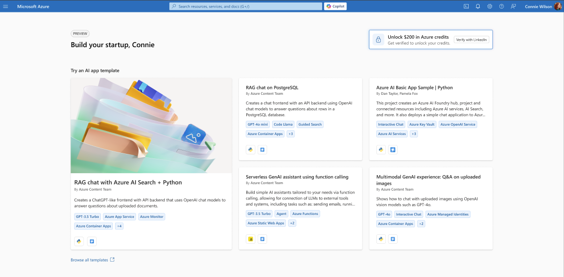 Build your startup preview dashboard with the Unlock $200 in Azure credits Sign up prompt.