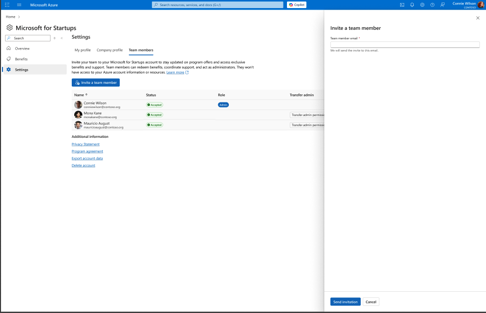 Access Microsoft for Startups program tip on the Build your startup page.