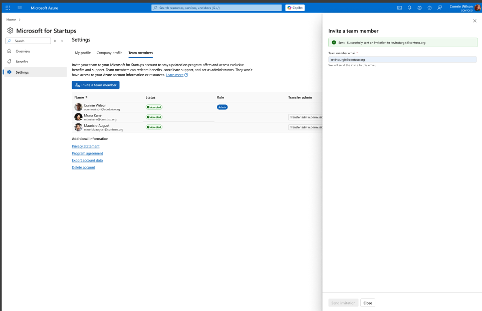 Microsoft for Startups Welcome page confirming successful onboarding.