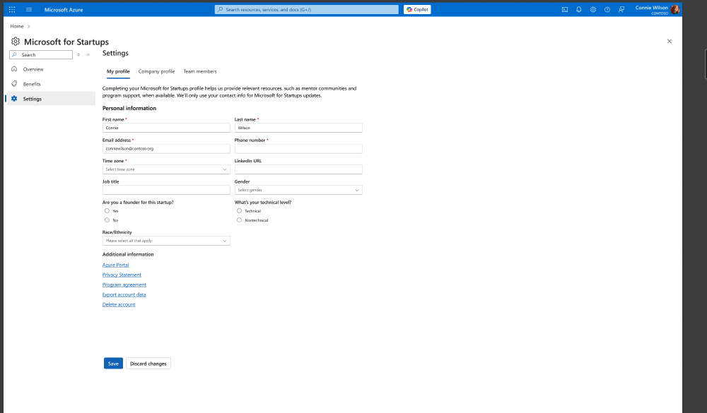 My Profile form with personal information fields to be completed.