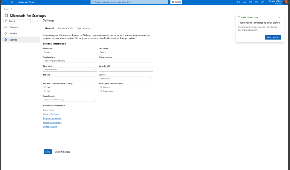 Welcome to Microsoft for Startups modal with the Complete personal profile button.