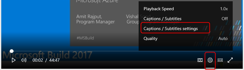 hot keys with captions and subtitles settings.