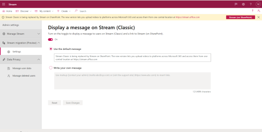 A web browser open to Classic Stream displays a message field where Admins can type a message to users about new Stream.