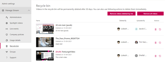 Recycle bin for admin - Microsoft Stream | Microsoft Learn